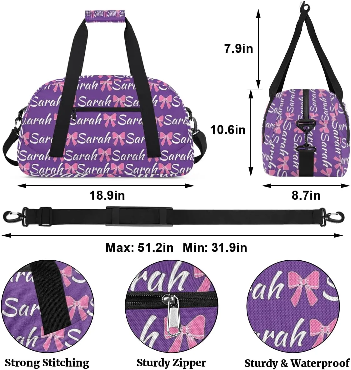 Custom Cheer Bag Girl Sport Duffel Bag, Personalized Cheerleaders Gym Bag, Customized Travel Duffle Bag with Name, Overnight Weekender Bags, Dark Purple, Cheerleading Gifts