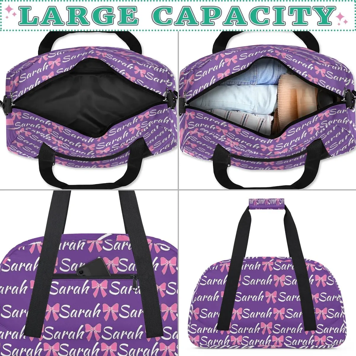Custom Cheer Bag Girl Sport Duffel Bag, Personalized Cheerleaders Gym Bag, Customized Travel Duffle Bag with Name, Overnight Weekender Bags, Dark Purple, Cheerleading Gifts