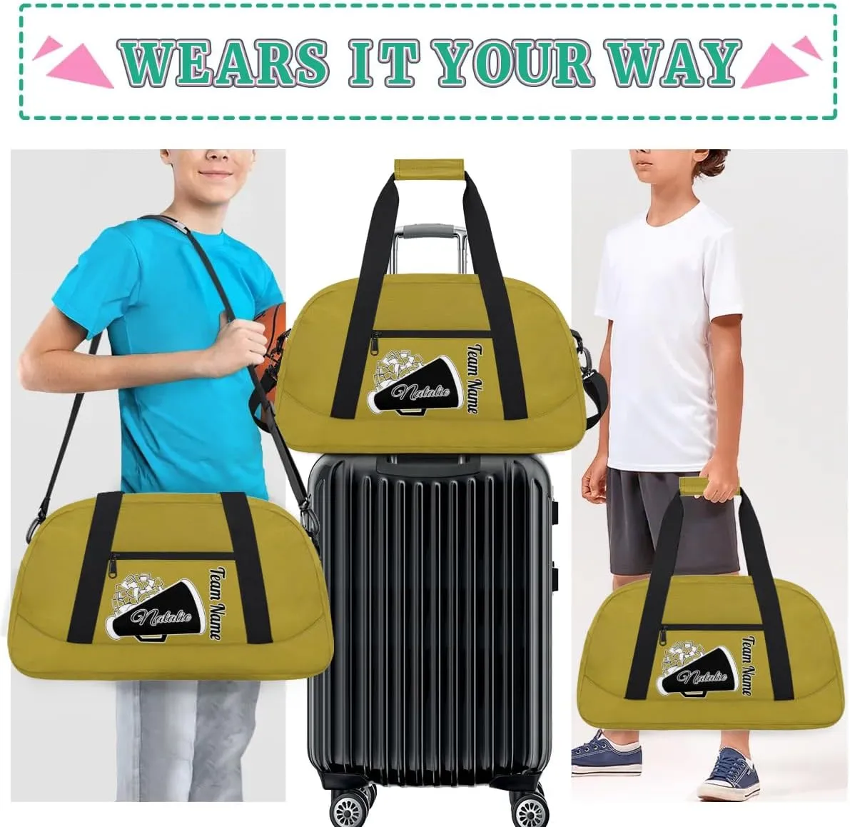 Custom Cheer Duffel Bags, Personalized Cheerleader Sport Bag with Name, Customized Gymnastics Dance Travel Bag Overnight Weekender Bags, Brown