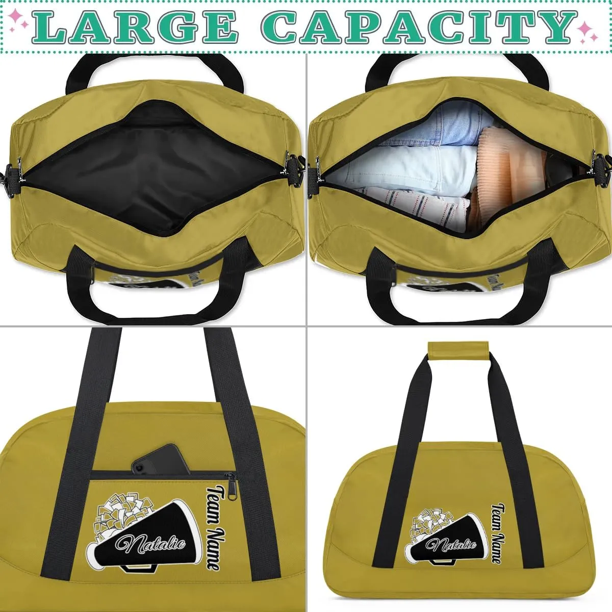 Custom Cheer Duffel Bags, Personalized Cheerleader Sport Bag with Name, Customized Gymnastics Dance Travel Bag Overnight Weekender Bags, Brown