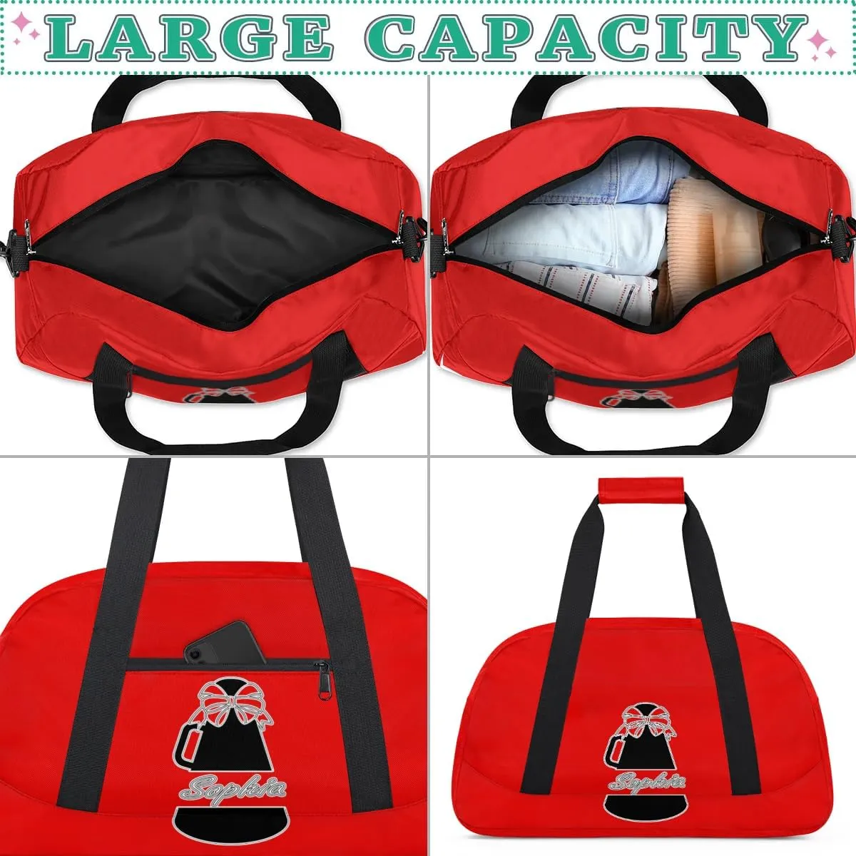 Custom Cheer Duffel Bags, Personalized Dance Sport Bags with Name, Customized Cheerleader Travel Bag Overnight Weekender Bags, Coral Red A Gymnastics Gifts