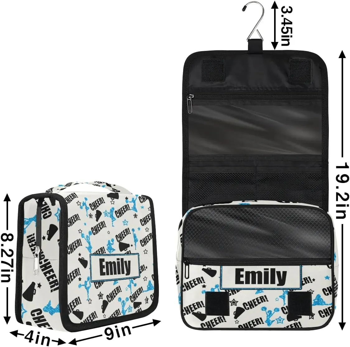 Custom Cheer Makeup Bag Cosmetic Cheerleading Case Personalized Cheer Toiletry Bags Cheerleader Gifts Travel Toiletry Bag with Hanging Hook, Blue