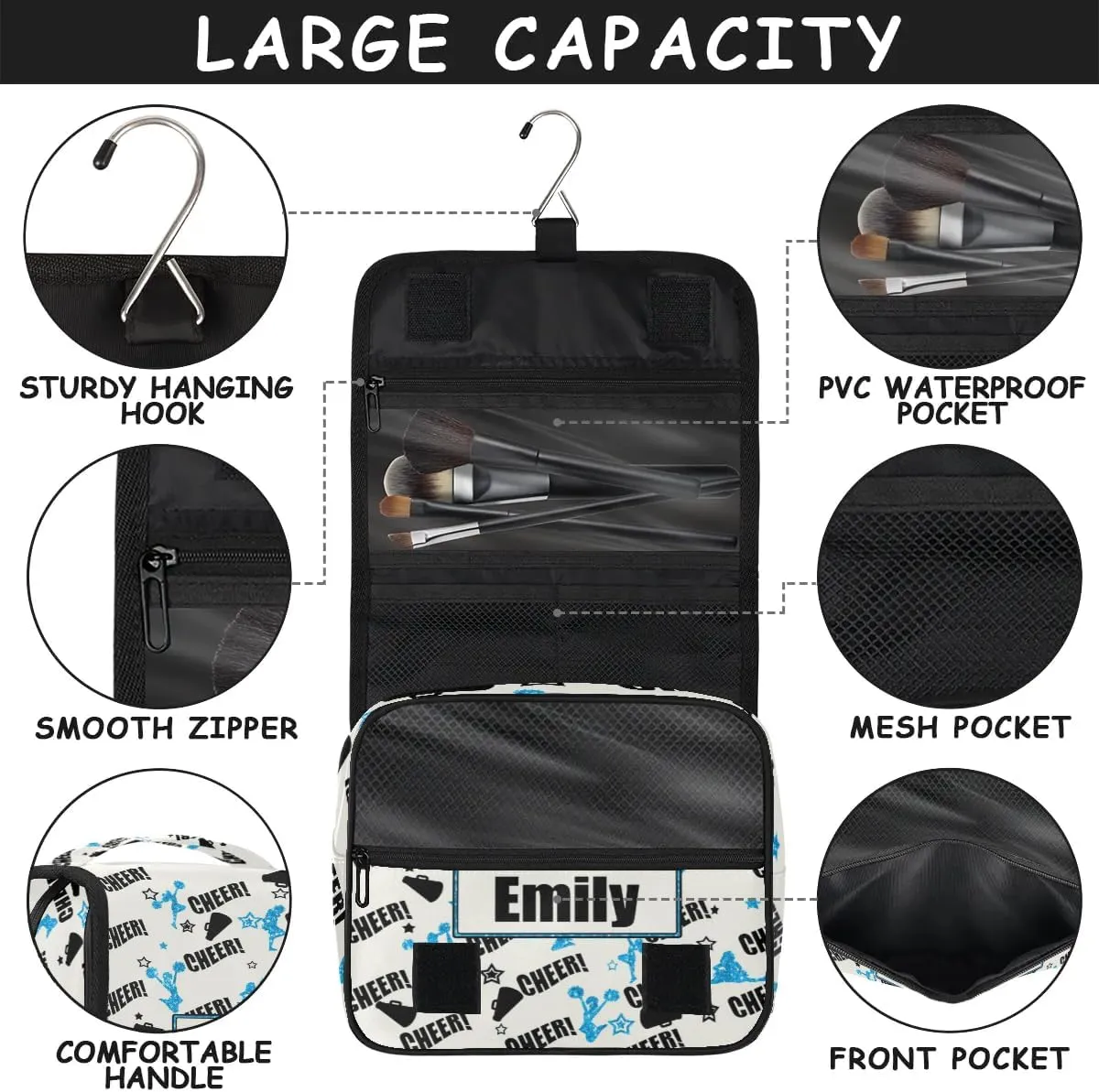 Custom Cheer Makeup Bag Cosmetic Cheerleading Case Personalized Cheer Toiletry Bags Cheerleader Gifts Travel Toiletry Bag with Hanging Hook, Blue