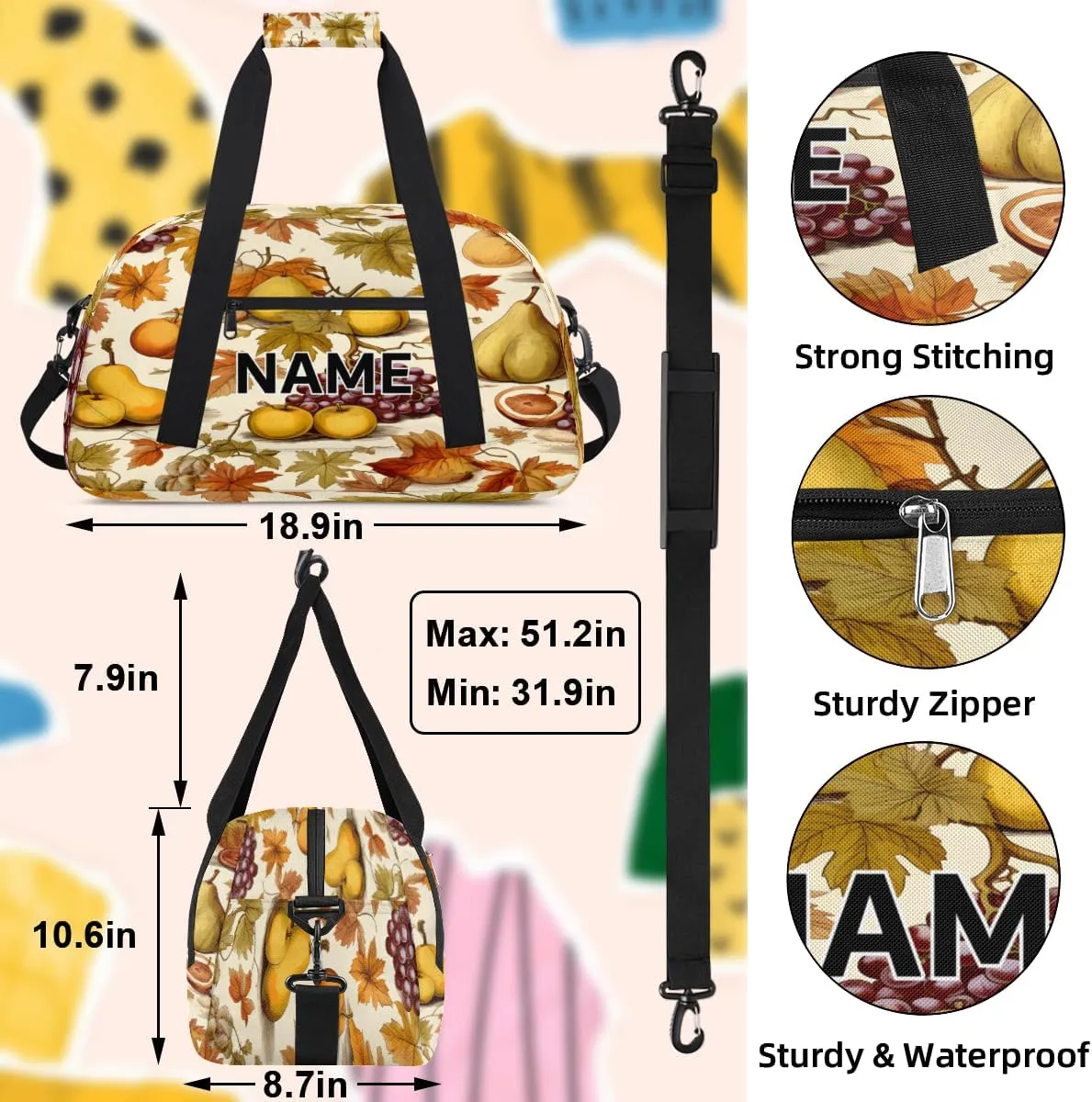 Custom Fall Grapes Pear Small Gym Bag 18 inch for Women Men Personalized Autumn Fruits Carry On Overnight Weekender Bag for Travel Work Dance Sport