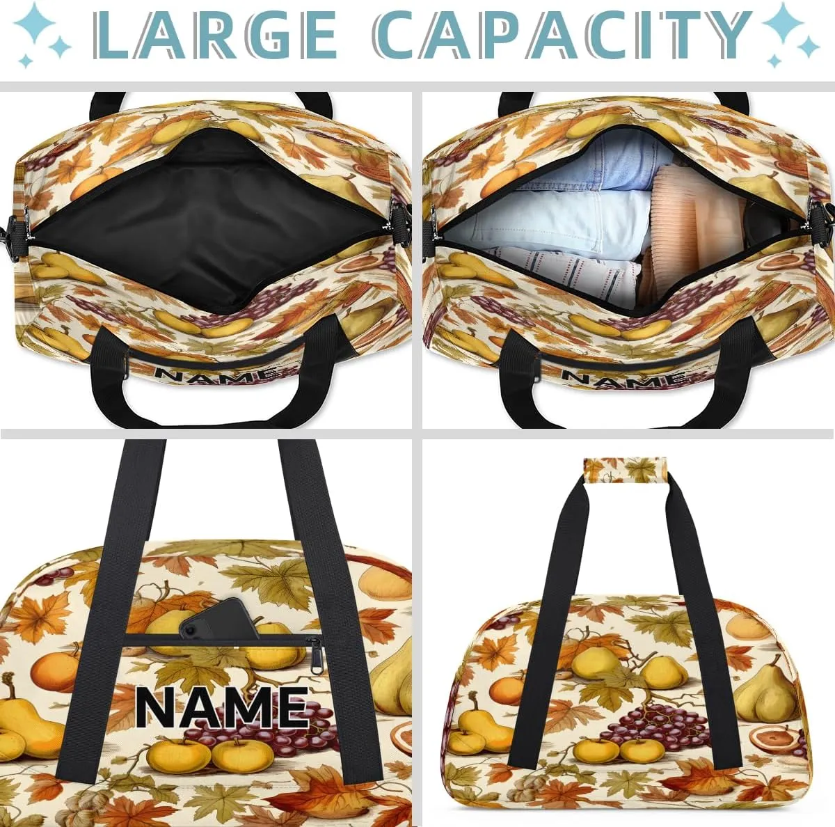 Custom Fall Grapes Pear Small Gym Bag 18 inch for Women Men Personalized Autumn Fruits Carry On Overnight Weekender Bag for Travel Work Dance Sport