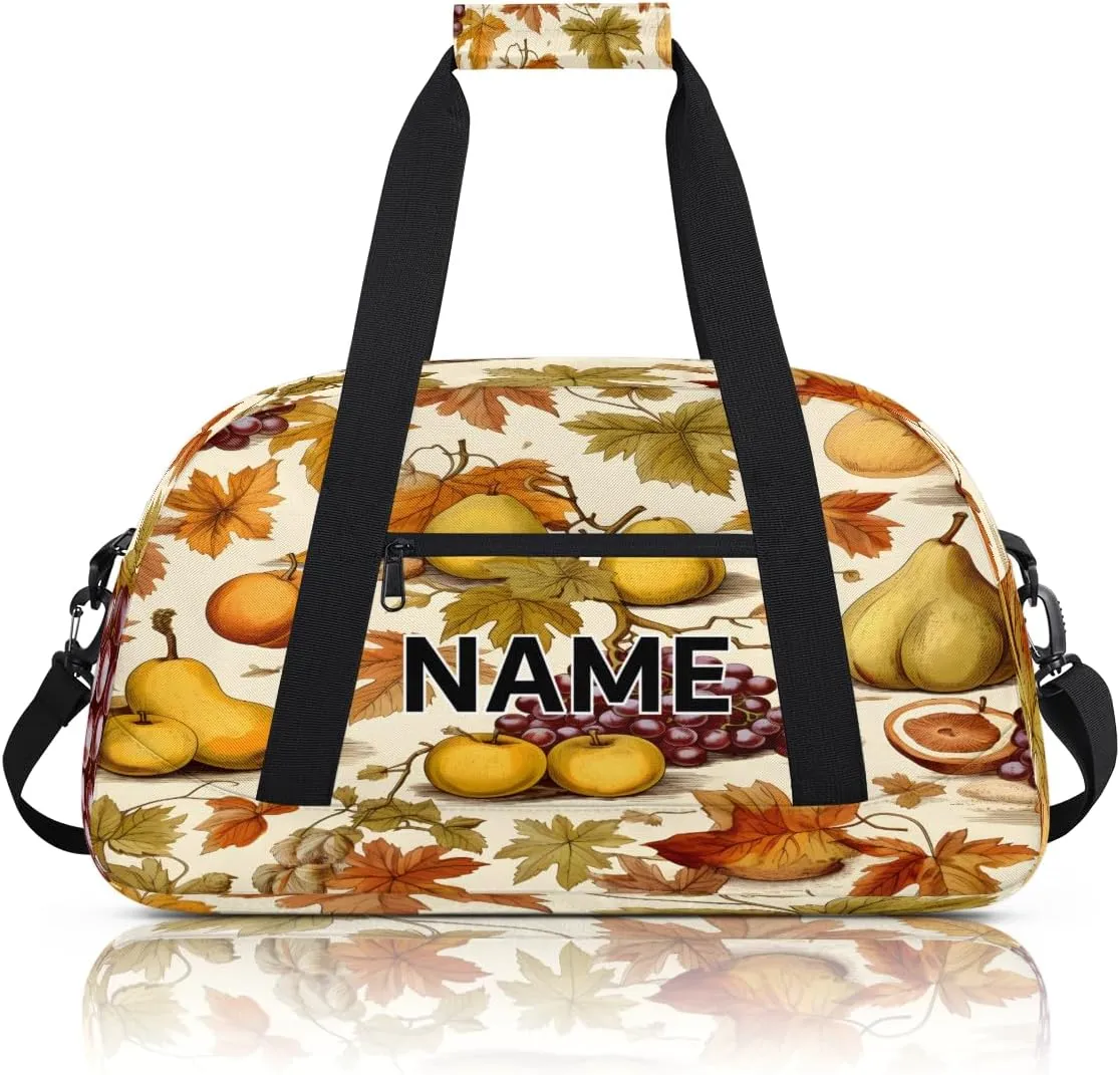 Custom Fall Grapes Pear Small Gym Bag 18 inch for Women Men Personalized Autumn Fruits Carry On Overnight Weekender Bag for Travel Work Dance Sport