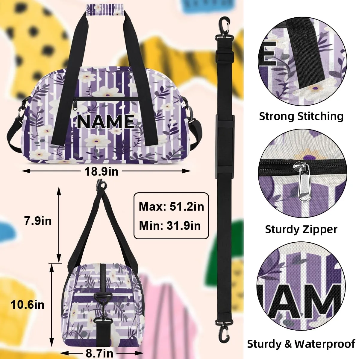 Custom Farmhouse Spring Summer Small Gym Bag 18 inch for Women Men Personalized Flowers Carry On Overnight Weekender Bag for Travel Work Dance Sport