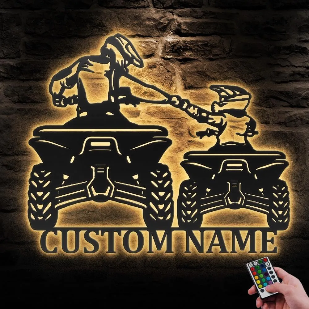 Custom Father Son Quad Biker Metal Wall Art with LED Light, Personalized Dirt Bike Name Sign, Home Decor, All Terrain Vehicle ATV 4 Wheel Decoration, Bedroom Living Room Decoration