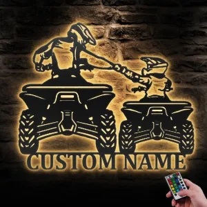 Custom Father Son Quad Biker Metal Wall Art with LED Light, Personalized Dirt Bike Name Sign, Home Decor, All Terrain Vehicle ATV 4 Wheel Decoration, Bedroom Living Room Decoration