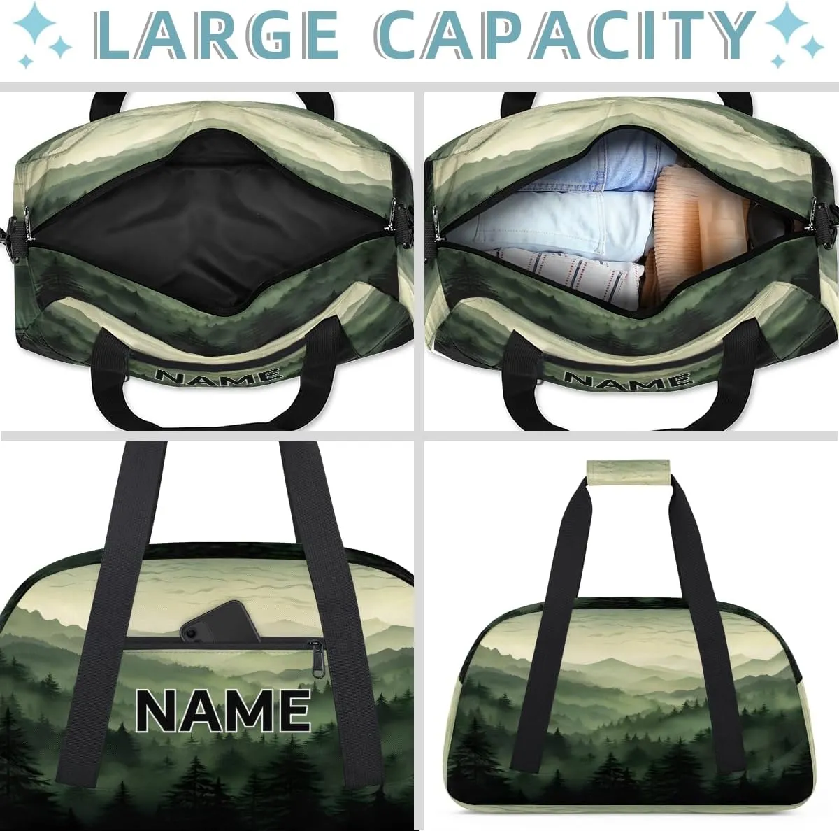 Custom Green Misty Forest Small Gym Bag 18 inch for Women Men Personalized Nature Woodland Carry On Overnight Weekender Bag for Travel Work Dance Sport