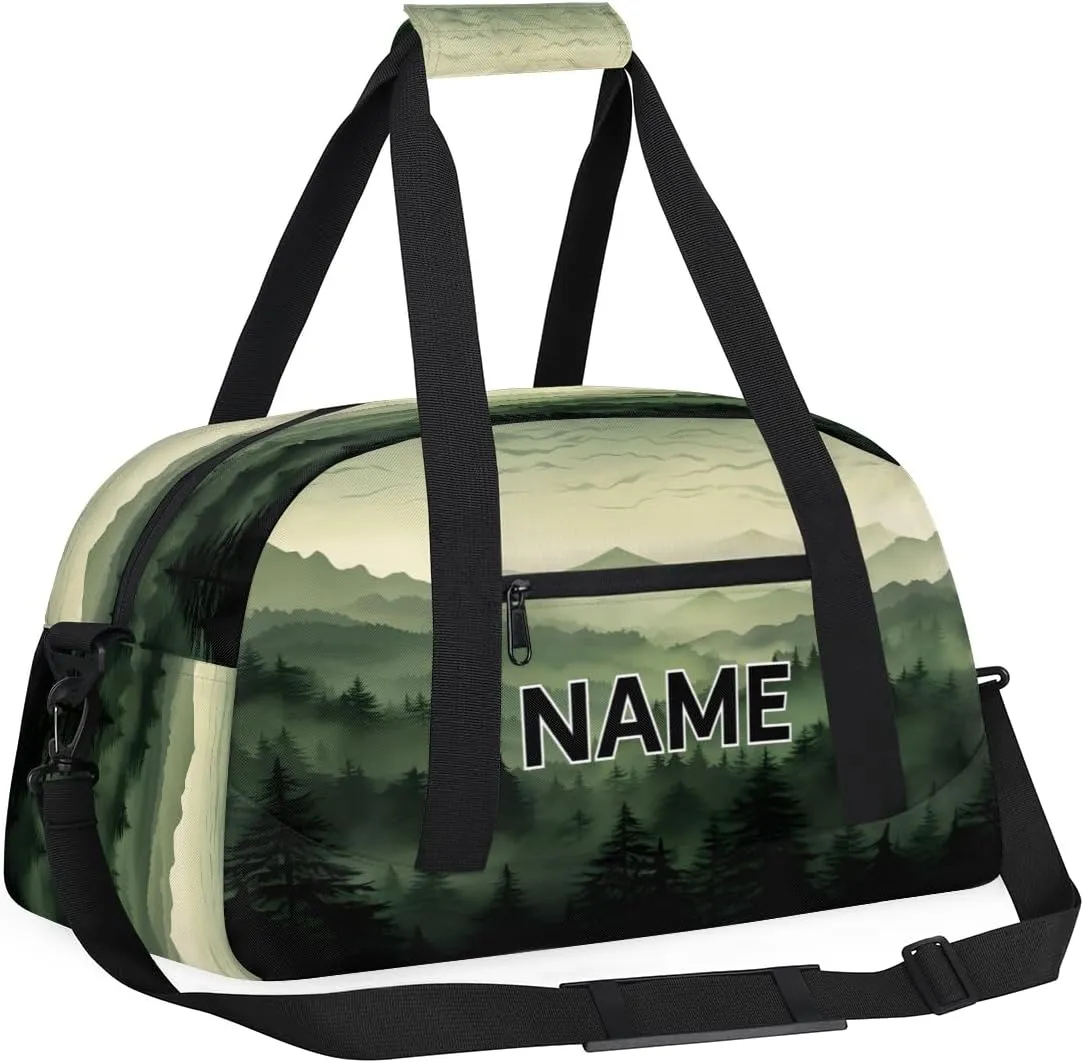 Custom Green Misty Forest Small Gym Bag 18 inch for Women Men Personalized Nature Woodland Carry On Overnight Weekender Bag for Travel Work Dance Sport
