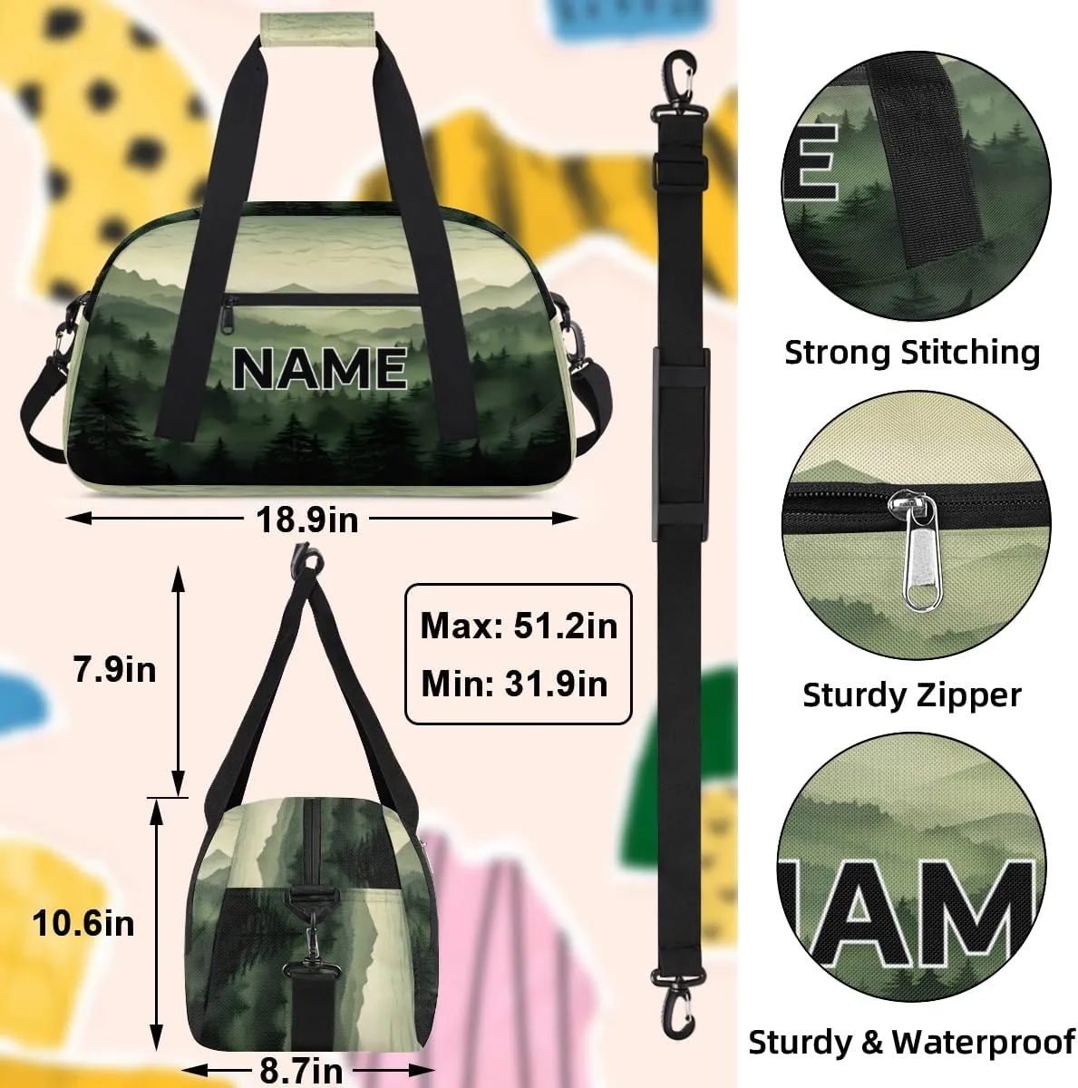 Custom Green Misty Forest Small Gym Bag 18 inch for Women Men Personalized Nature Woodland Carry On Overnight Weekender Bag for Travel Work Dance Sport