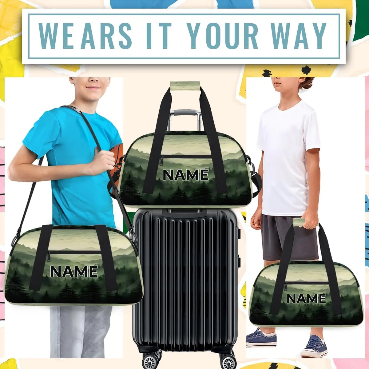 Custom Green Misty Forest Small Gym Bag 18 inch for Women Men Personalized Nature Woodland Carry On Overnight Weekender Bag for Travel Work Dance Sport