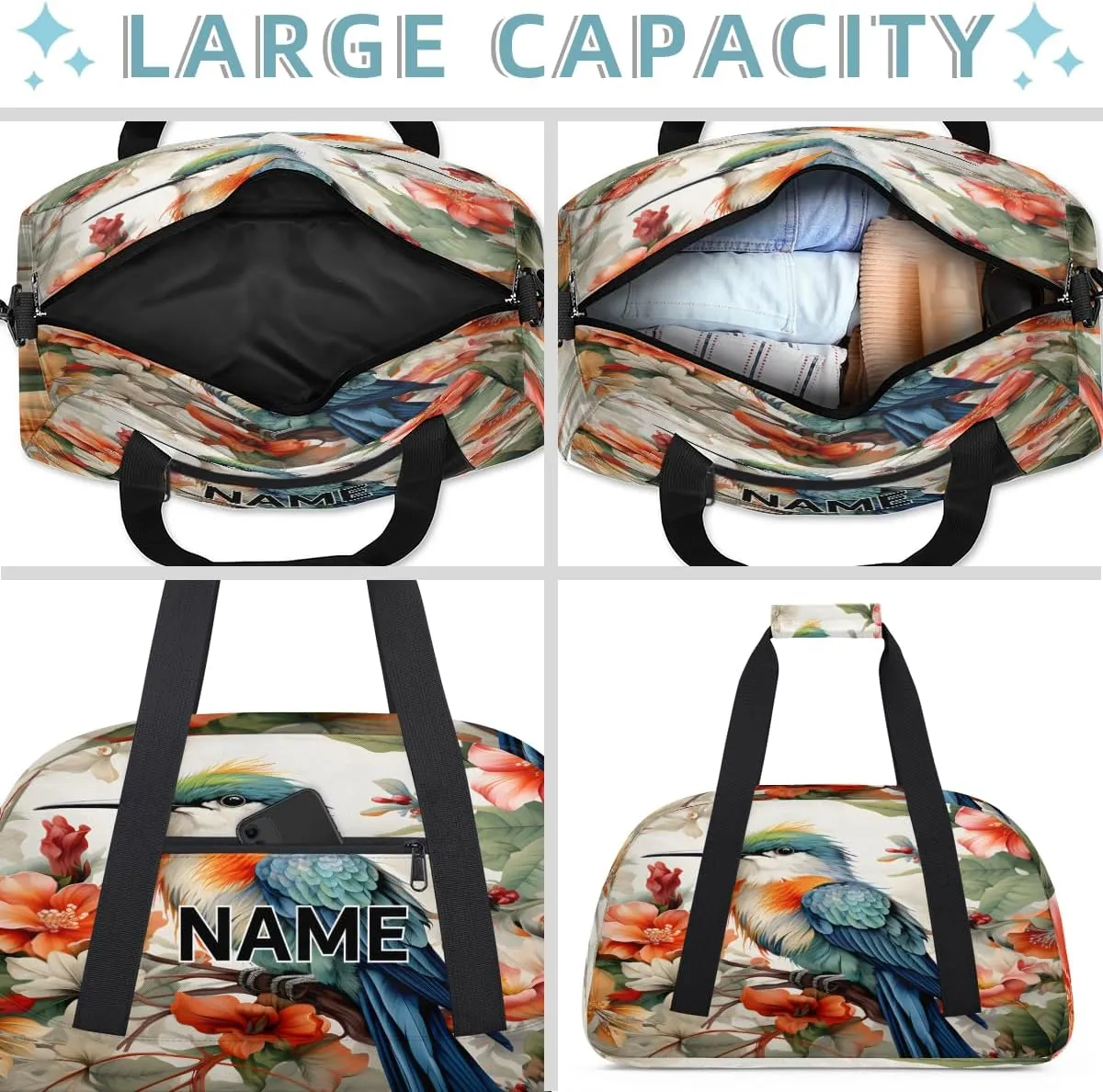 Custom Hummingbird Flowers Small Gym Bag 18 inch for Women Men Personalized Spring Floral Birds Carry On Overnight Weekender Bag for Travel Work Dance Sport