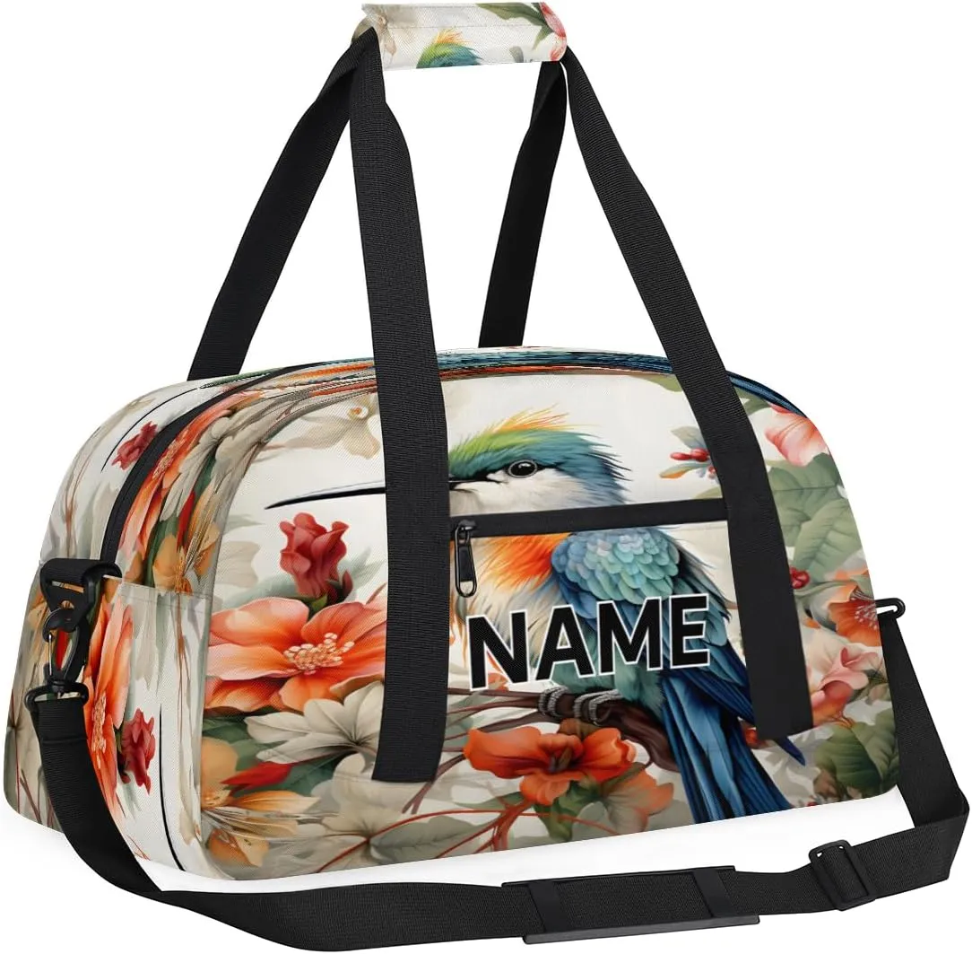 Custom Hummingbird Flowers Small Gym Bag 18 inch for Women Men Personalized Spring Floral Birds Carry On Overnight Weekender Bag for Travel Work Dance Sport