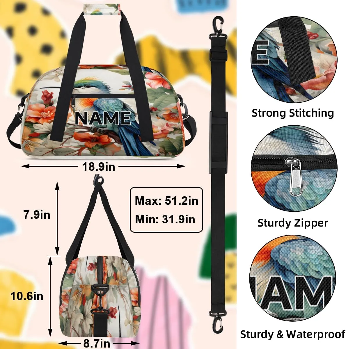 Custom Hummingbird Flowers Small Gym Bag 18 inch for Women Men Personalized Spring Floral Birds Carry On Overnight Weekender Bag for Travel Work Dance Sport