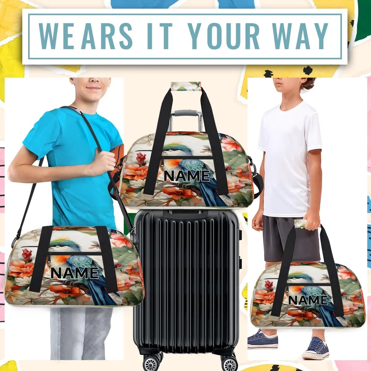 Custom Hummingbird Flowers Small Gym Bag 18 inch for Women Men Personalized Spring Floral Birds Carry On Overnight Weekender Bag for Travel Work Dance Sport