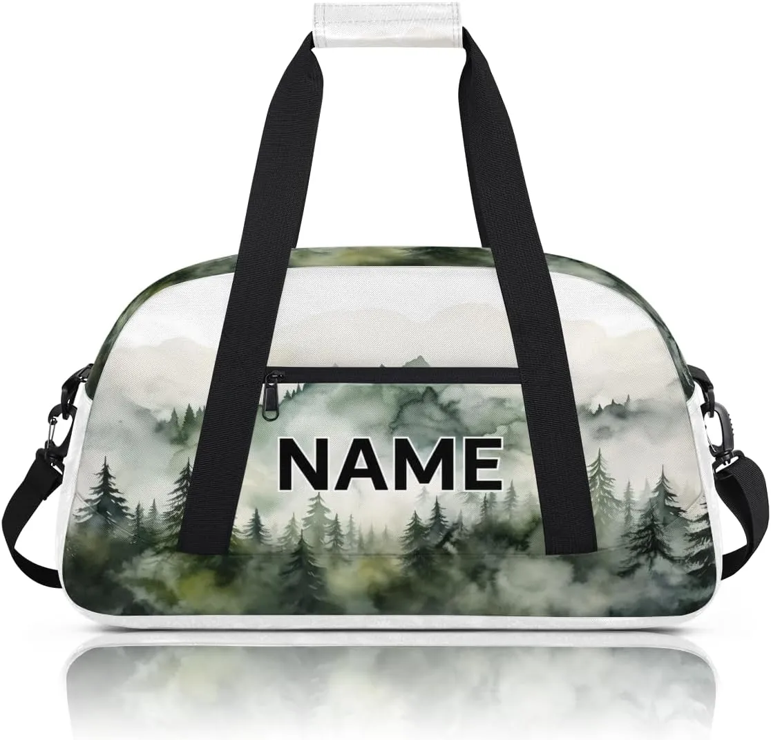 Custom Mountain Forest Small Gym Bag 18 inch for Women Men Personalized Nature Misty Tree Landscape Art Carry On Overnight Weekender Bag for Travel Work Dance Sport