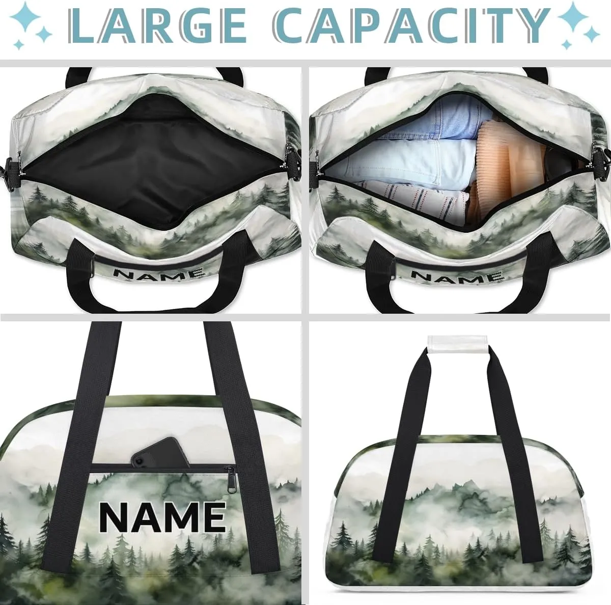 Custom Mountain Forest Small Gym Bag 18 inch for Women Men Personalized Nature Misty Tree Landscape Art Carry On Overnight Weekender Bag for Travel Work Dance Sport