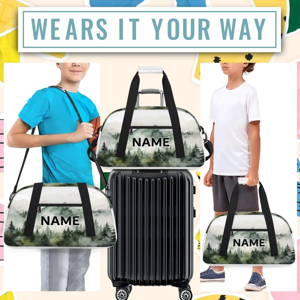 Custom Mountain Forest Small Gym Bag 18 inch for Women Men Personalized Nature Misty Tree Landscape Art Carry On Overnight Weekender Bag for Travel Work Dance Sport
