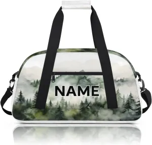 Custom Mountain Forest Small Gym Bag 18 inch for Women Men Personalized Nature Misty Tree Landscape Art Carry On Overnight Weekender Bag for Travel Work Dance Sport