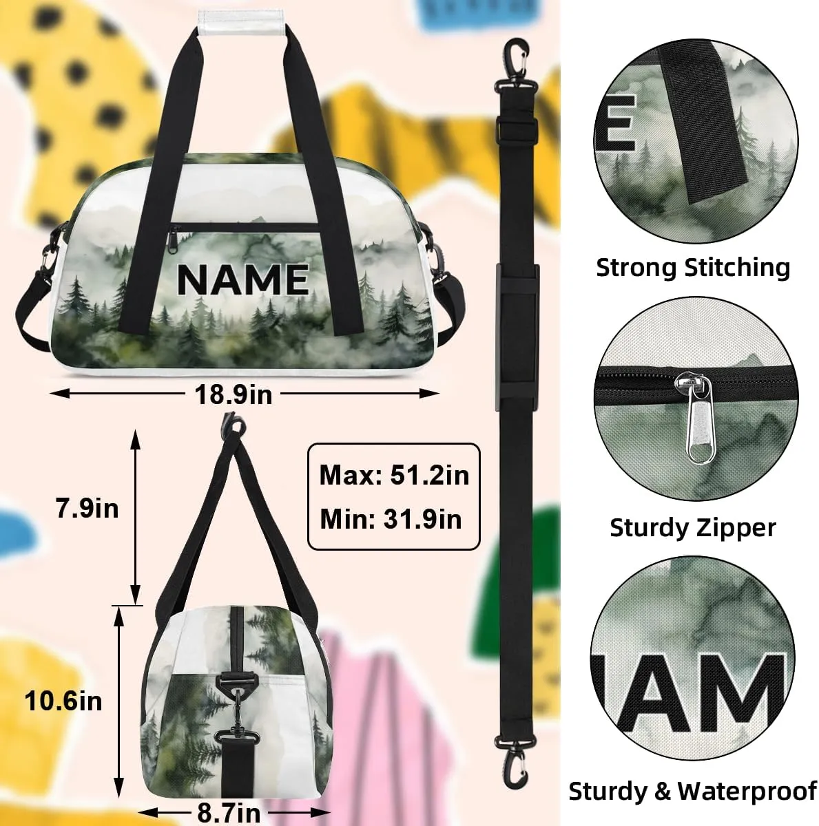 Custom Mountain Forest Small Gym Bag 18 inch for Women Men Personalized Nature Misty Tree Landscape Art Carry On Overnight Weekender Bag for Travel Work Dance Sport