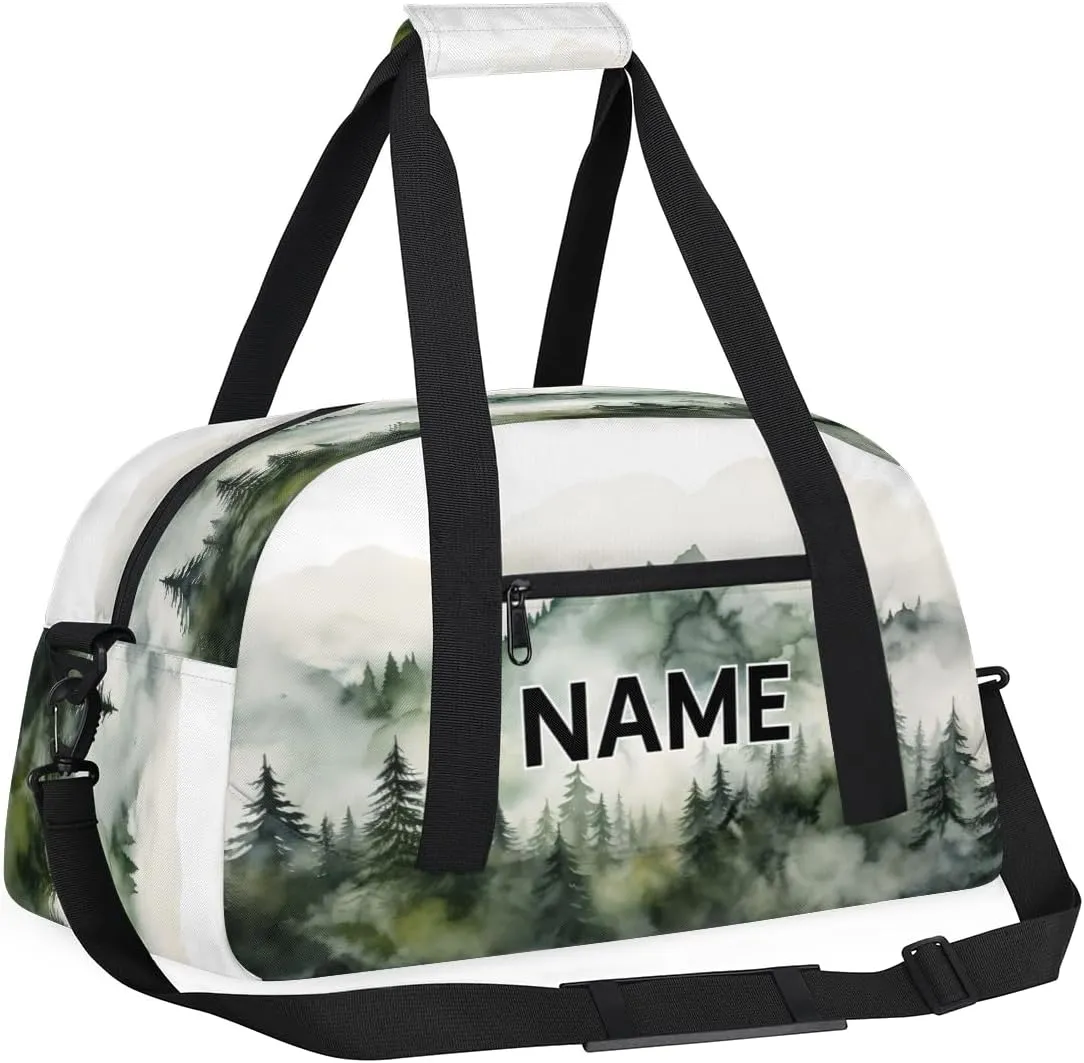 Custom Mountain Forest Small Gym Bag 18 inch for Women Men Personalized Nature Misty Tree Landscape Art Carry On Overnight Weekender Bag for Travel Work Dance Sport