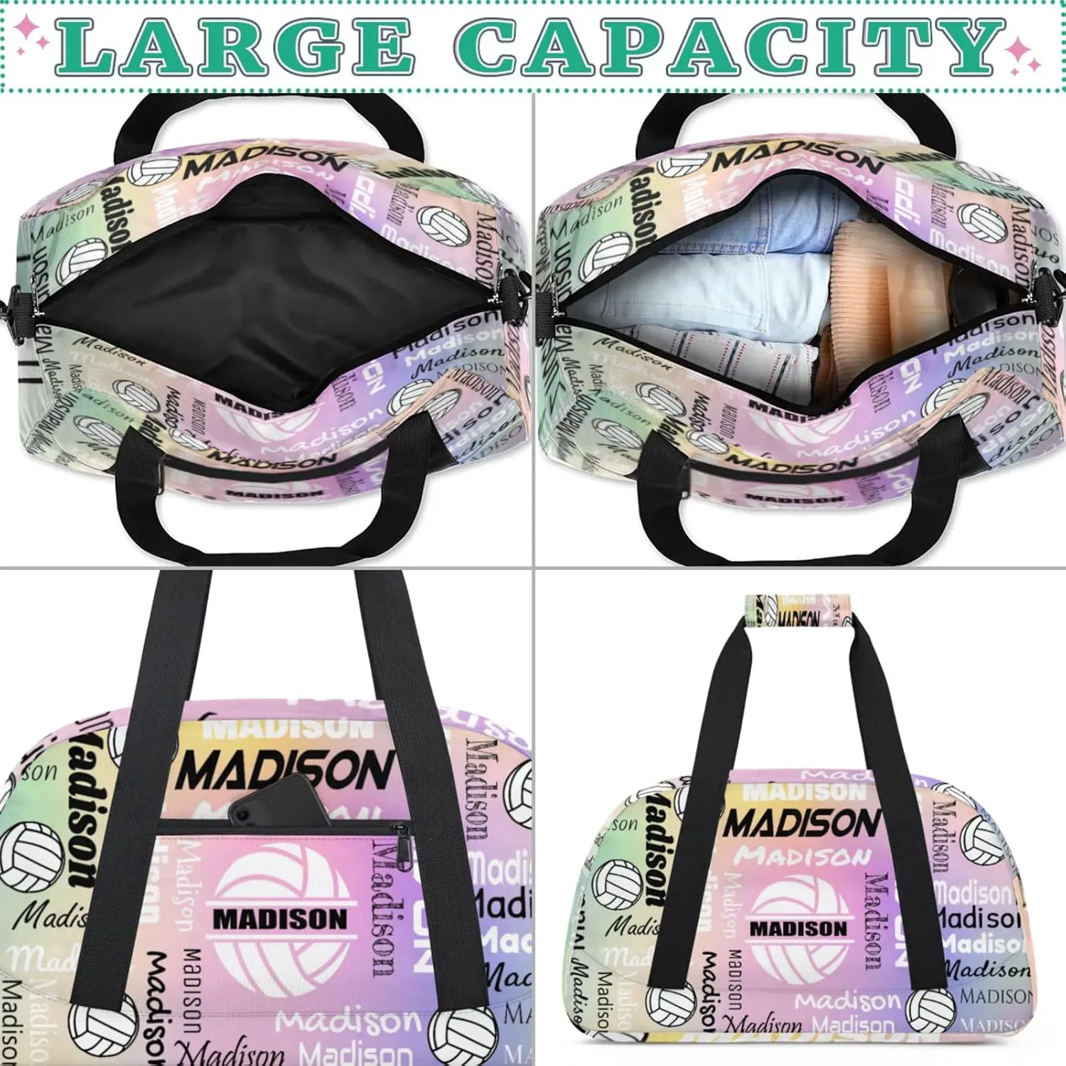 Custom Volleyball Gym Bag Duffel Bag for Women Men, Personalized Name Sport Bag Customized Overnight Bags Travel Weekender Bag, Colourful Glitters