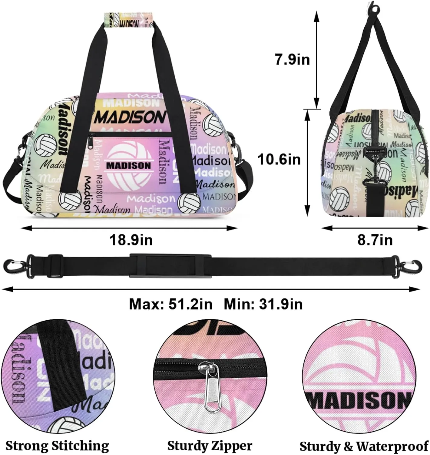Custom Volleyball Gym Bag Duffel Bag for Women Men, Personalized Name Sport Bag Customized Overnight Bags Travel Weekender Bag, Colourful Glitters