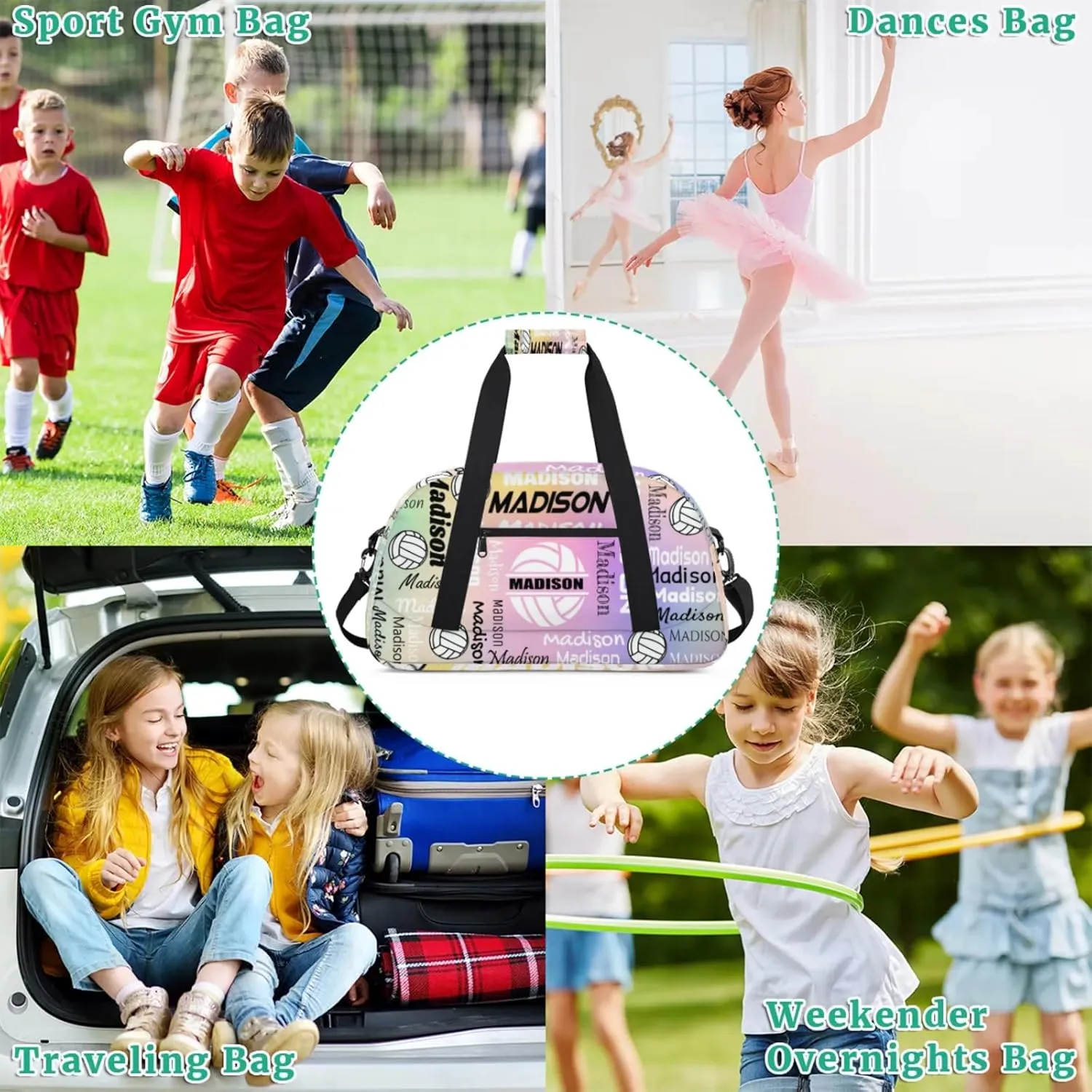 Custom Volleyball Gym Bag Duffel Bag for Women Men, Personalized Name Sport Bag Customized Overnight Bags Travel Weekender Bag, Colourful Glitters