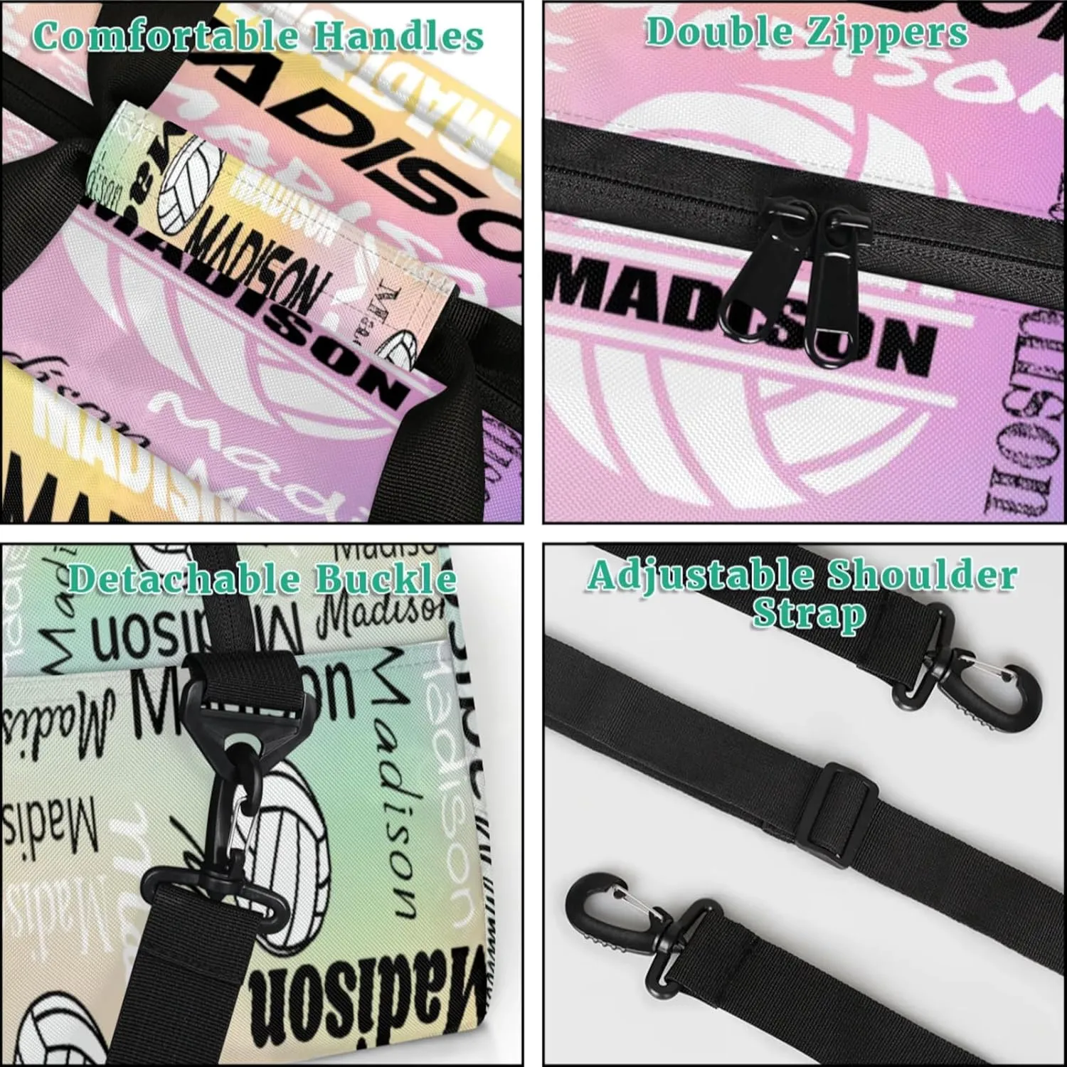 Custom Volleyball Gym Bag Duffel Bag for Women Men, Personalized Name Sport Bag Customized Overnight Bags Travel Weekender Bag, Colourful Glitters