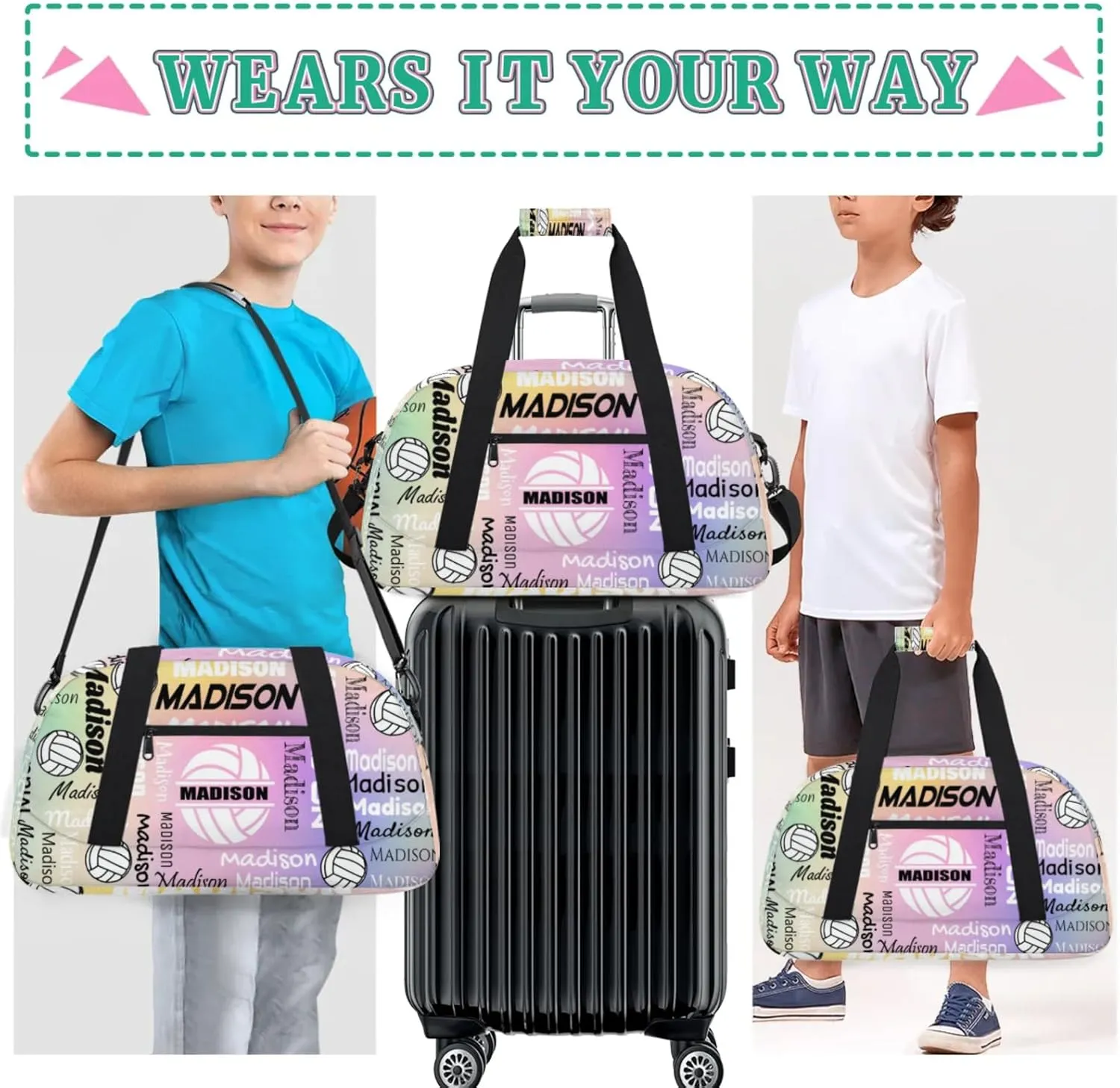 Custom Volleyball Gym Bag Duffel Bag for Women Men, Personalized Name Sport Bag Customized Overnight Bags Travel Weekender Bag, Colourful Glitters