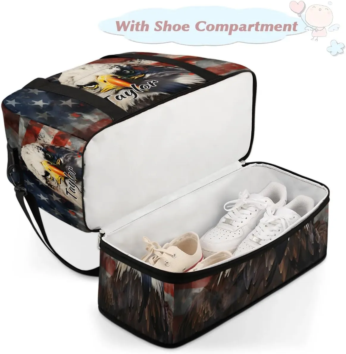 Customized Gym Bag for Women, Personalized 4th of July Travel Duffel Bag with Name, Eagles American Flag Weekender Overnight Bag with Shoes Compartment for Men Travel Yoga
