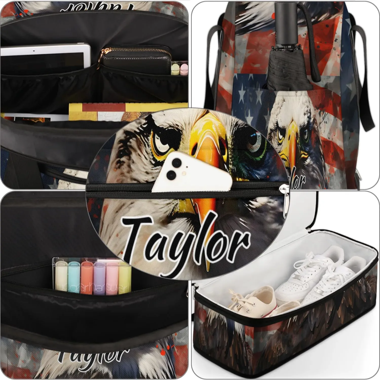 Customized Gym Bag for Women, Personalized 4th of July Travel Duffel Bag with Name, Eagles American Flag Weekender Overnight Bag with Shoes Compartment for Men Travel Yoga