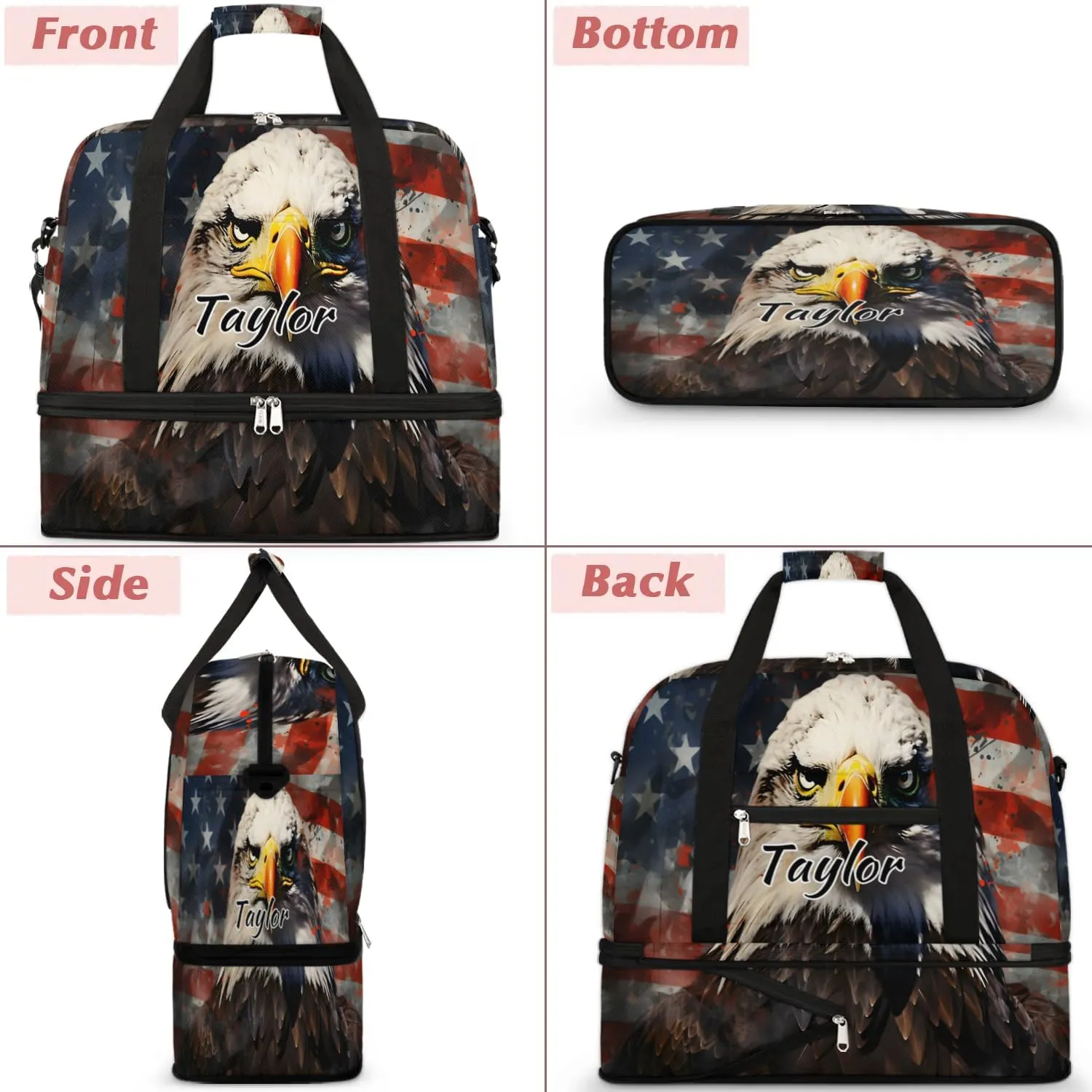 Customized Gym Bag for Women, Personalized 4th of July Travel Duffel Bag with Name, Eagles American Flag Weekender Overnight Bag with Shoes Compartment for Men Travel Yoga