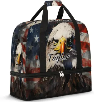Customized Gym Bag for Women, Personalized 4th of July Travel Duffel Bag with Name, Eagles American Flag Weekender Overnight Bag with Shoes Compartment for Men Travel Yoga