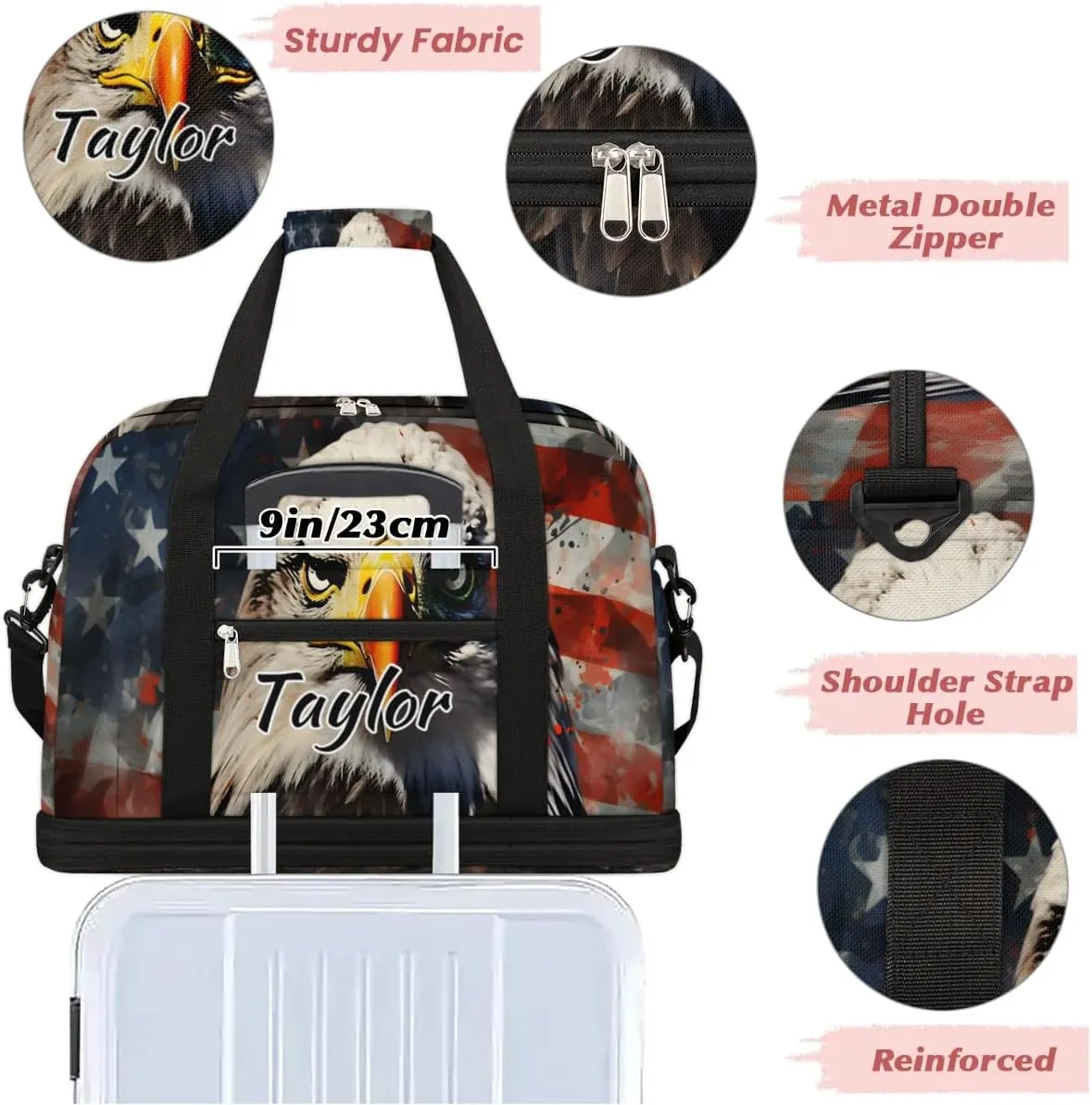 Customized Gym Bag for Women, Personalized 4th of July Travel Duffel Bag with Name, Eagles American Flag Weekender Overnight Bag with Shoes Compartment for Men Travel Yoga