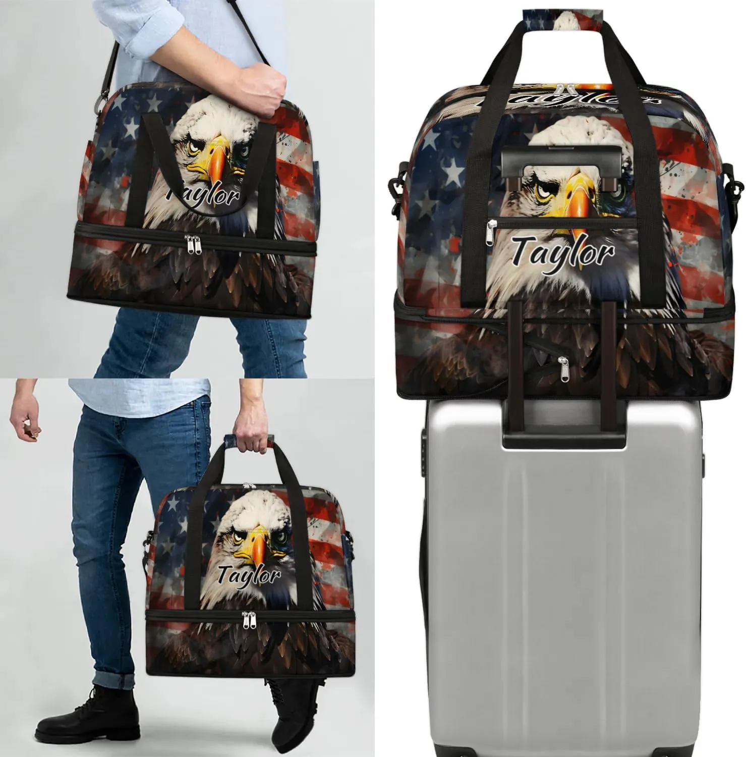 Customized Gym Bag for Women, Personalized 4th of July Travel Duffel Bag with Name, Eagles American Flag Weekender Overnight Bag with Shoes Compartment for Men Travel Yoga