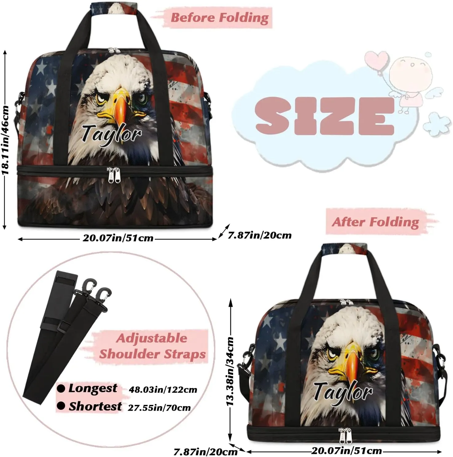 Customized Gym Bag for Women, Personalized 4th of July Travel Duffel Bag with Name, Eagles American Flag Weekender Overnight Bag with Shoes Compartment for Men Travel Yoga