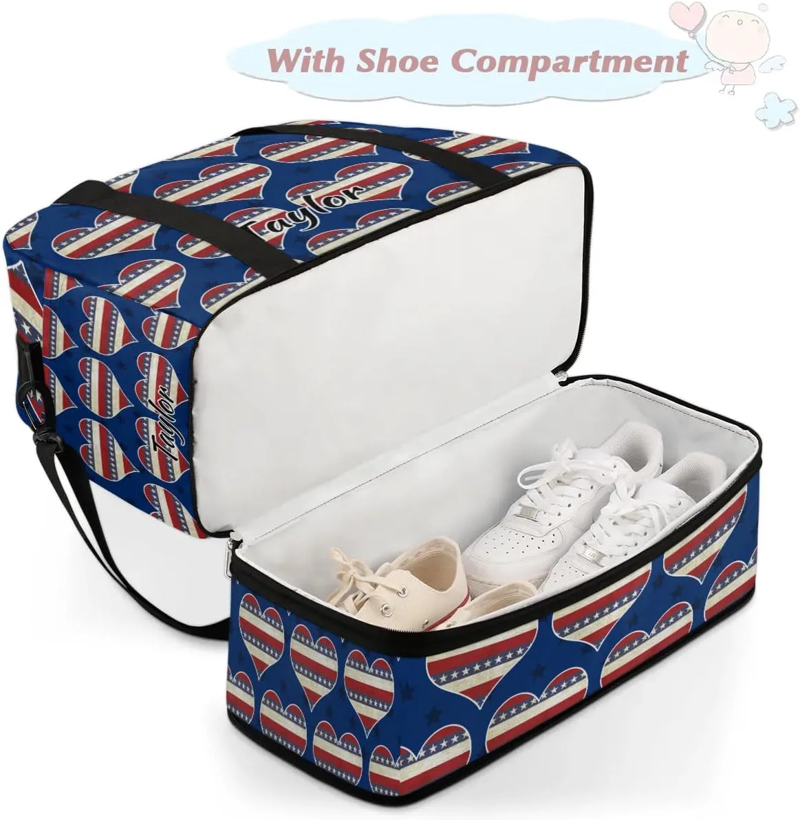 Customized Gym Bag for Women, Personalized 4th of July Travel Duffel Bag with Name, Heart American Flag Weekender Overnight Bag with Shoes Compartment for Men Travel Yoga