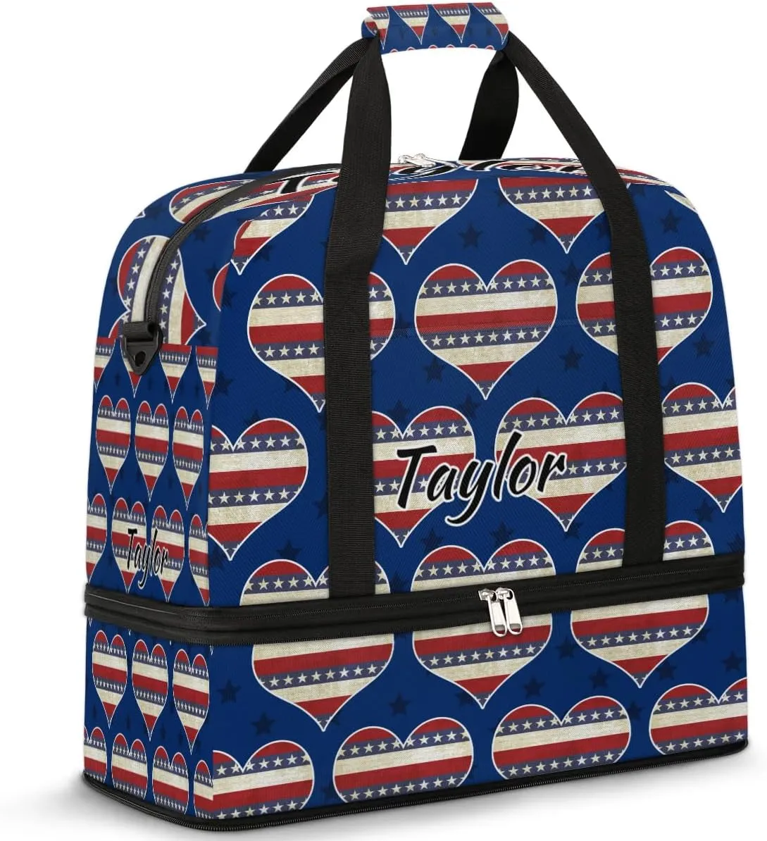 Customized Gym Bag for Women, Personalized 4th of July Travel Duffel Bag with Name, Heart American Flag Weekender Overnight Bag with Shoes Compartment for Men Travel Yoga