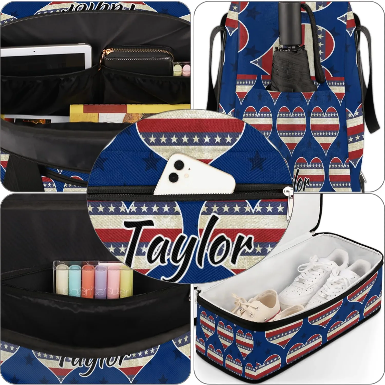 Customized Gym Bag for Women, Personalized 4th of July Travel Duffel Bag with Name, Heart American Flag Weekender Overnight Bag with Shoes Compartment for Men Travel Yoga