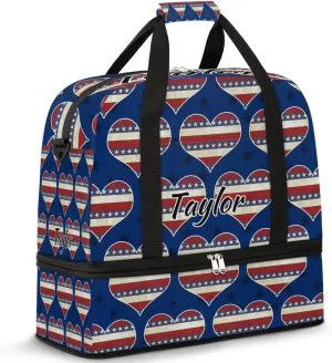Customized Gym Bag for Women, Personalized 4th of July Travel Duffel Bag with Name, Heart American Flag Weekender Overnight Bag with Shoes Compartment for Men Travel Yoga