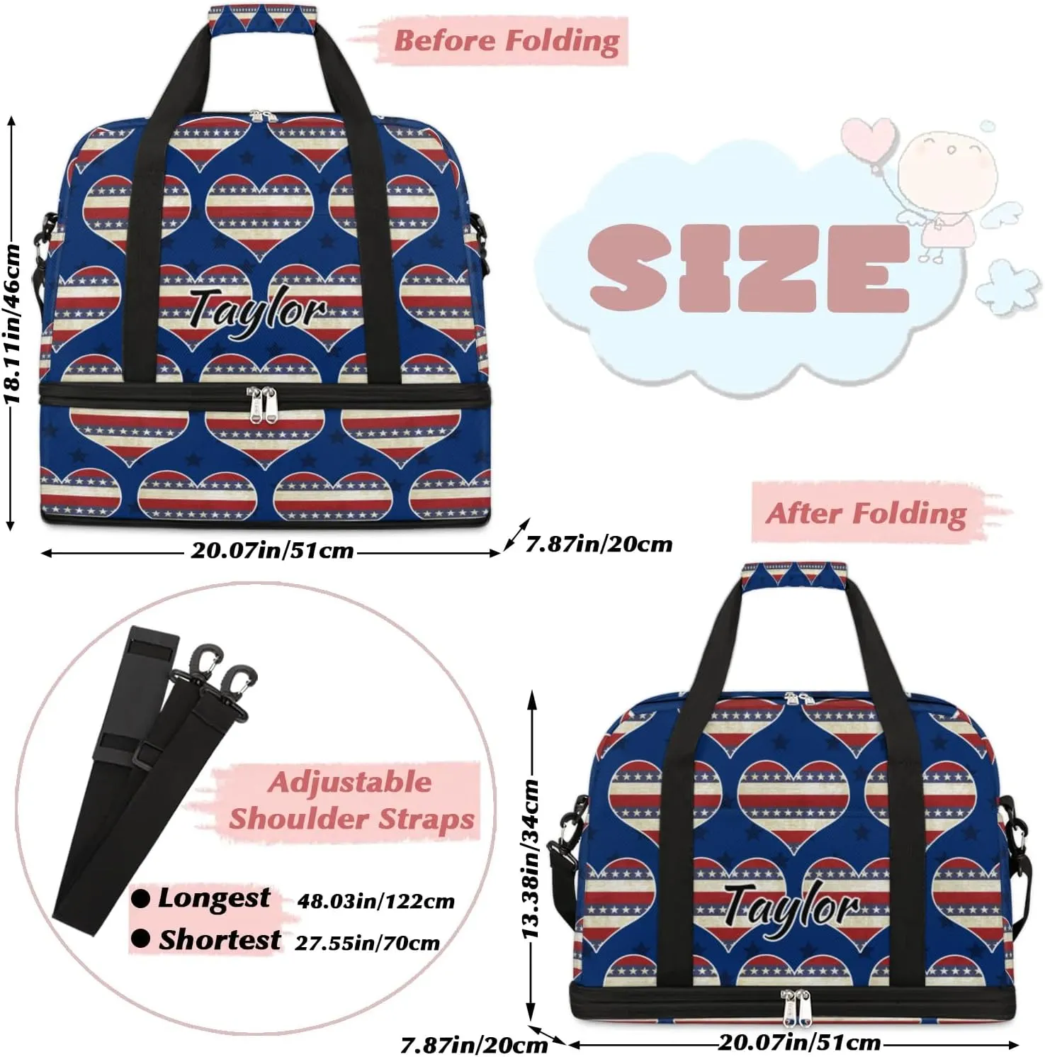 Customized Gym Bag for Women, Personalized 4th of July Travel Duffel Bag with Name, Heart American Flag Weekender Overnight Bag with Shoes Compartment for Men Travel Yoga