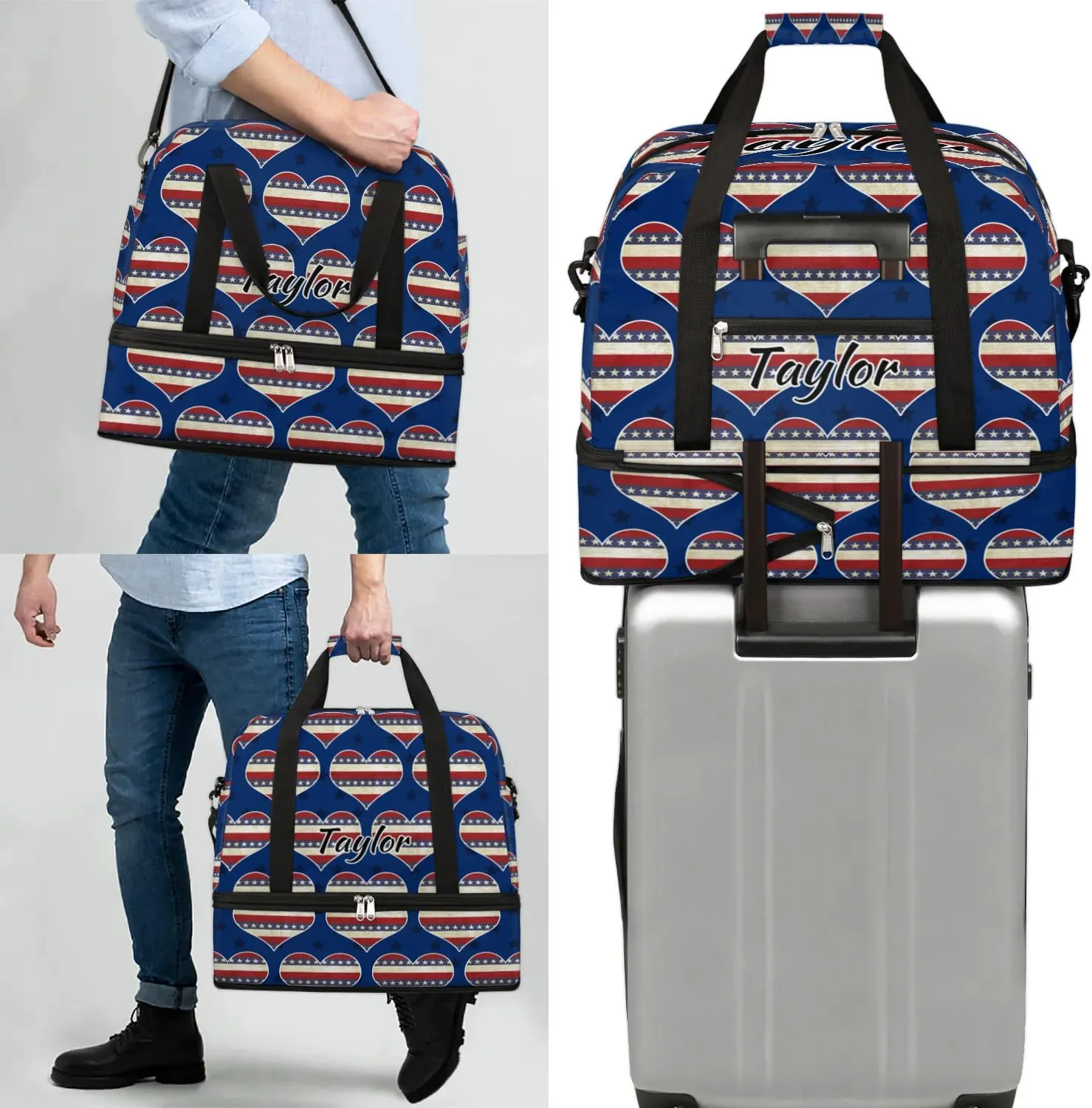 Customized Gym Bag for Women, Personalized 4th of July Travel Duffel Bag with Name, Heart American Flag Weekender Overnight Bag with Shoes Compartment for Men Travel Yoga