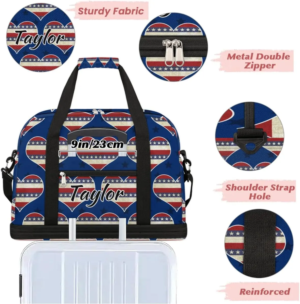 Customized Gym Bag for Women, Personalized 4th of July Travel Duffel Bag with Name, Heart American Flag Weekender Overnight Bag with Shoes Compartment for Men Travel Yoga