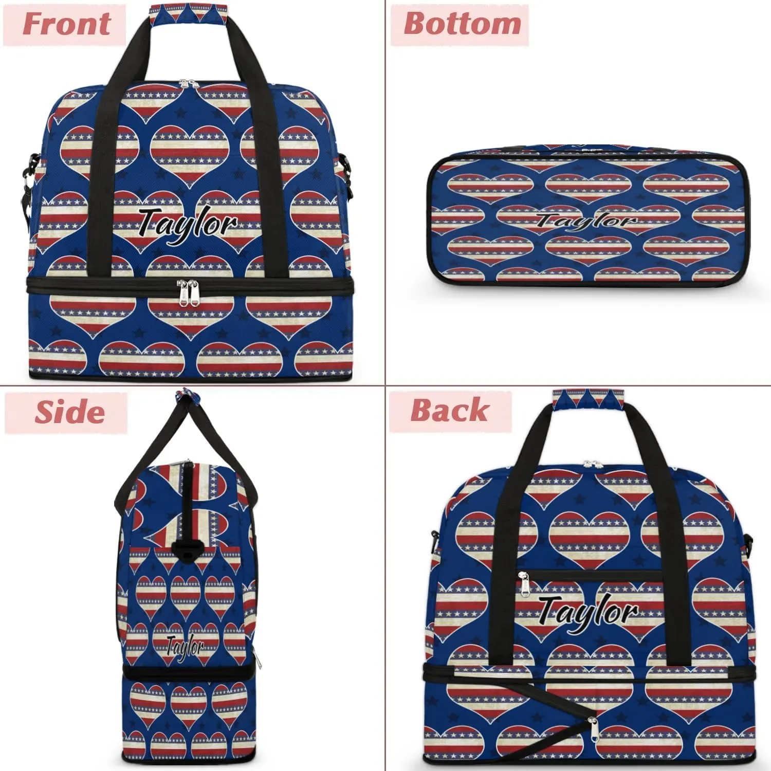 Customized Gym Bag for Women, Personalized 4th of July Travel Duffel Bag with Name, Heart American Flag Weekender Overnight Bag with Shoes Compartment for Men Travel Yoga