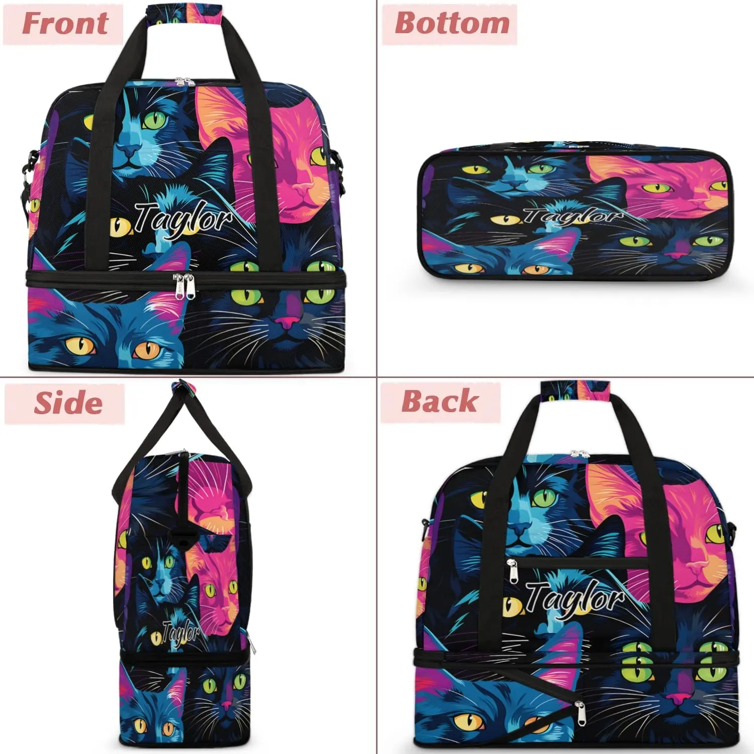 Customized Gym Bag for Women, Personalized Cat Print Travel Duffel Bag with Name, Colorful Cat Weekender Overnight Bag with Shoes Compartment for Men Travel Yoga