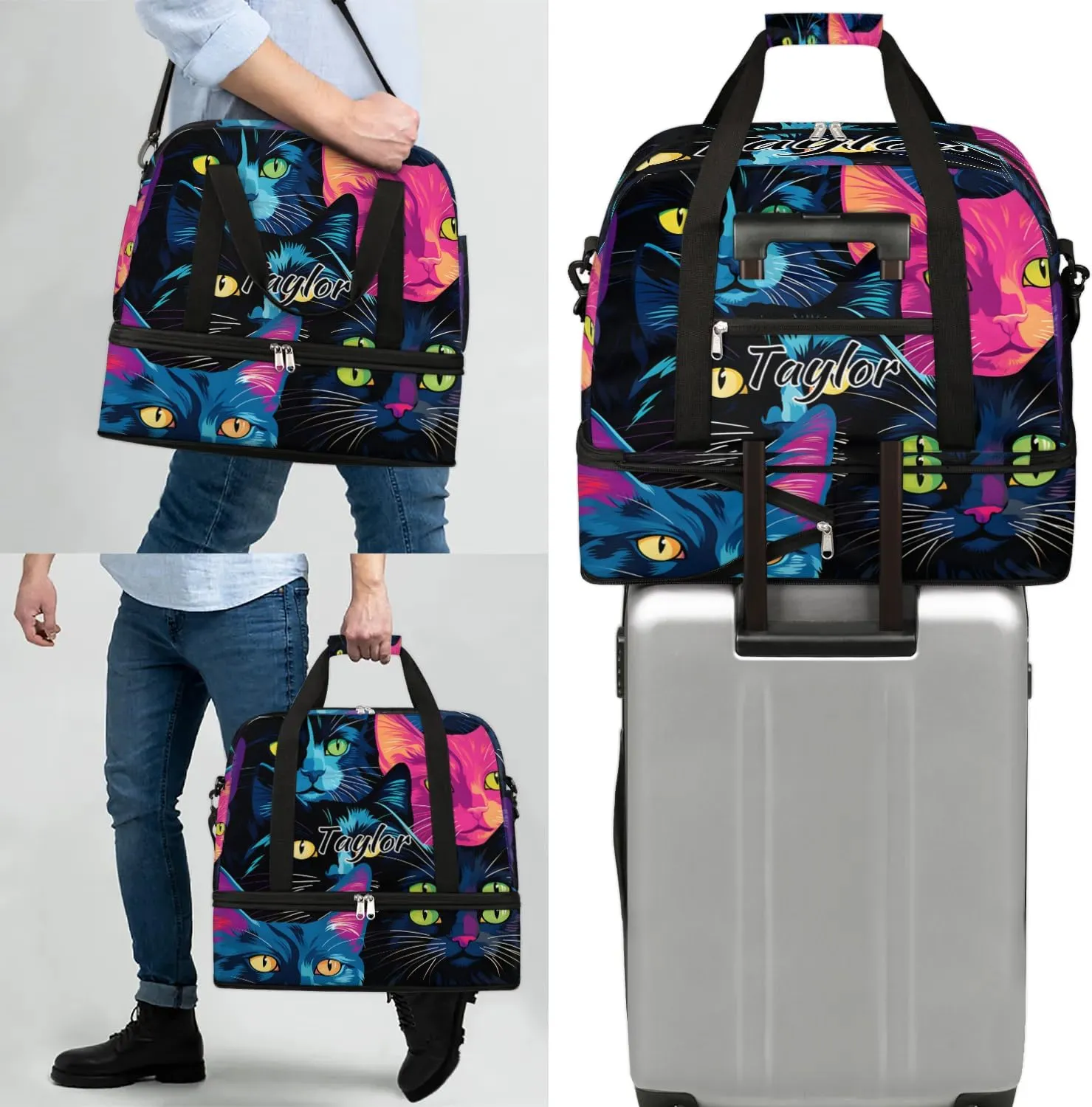 Customized Gym Bag for Women, Personalized Cat Print Travel Duffel Bag with Name, Colorful Cat Weekender Overnight Bag with Shoes Compartment for Men Travel Yoga