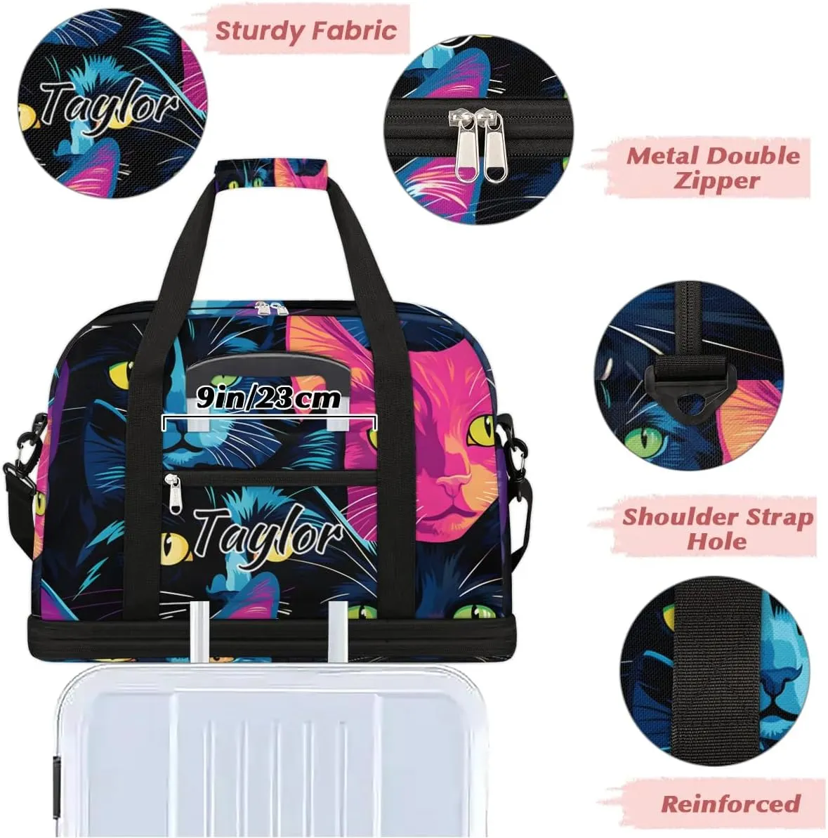 Customized Gym Bag for Women, Personalized Cat Print Travel Duffel Bag with Name, Colorful Cat Weekender Overnight Bag with Shoes Compartment for Men Travel Yoga